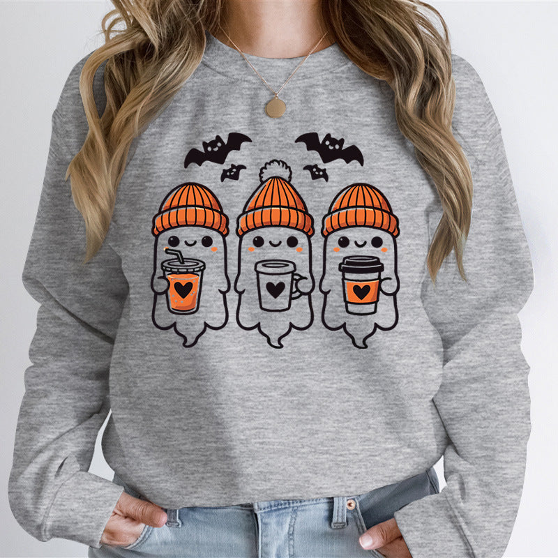 Kvinders sweatshirt med glade spøgelsesmønster og komfortabel pasform Stilla
