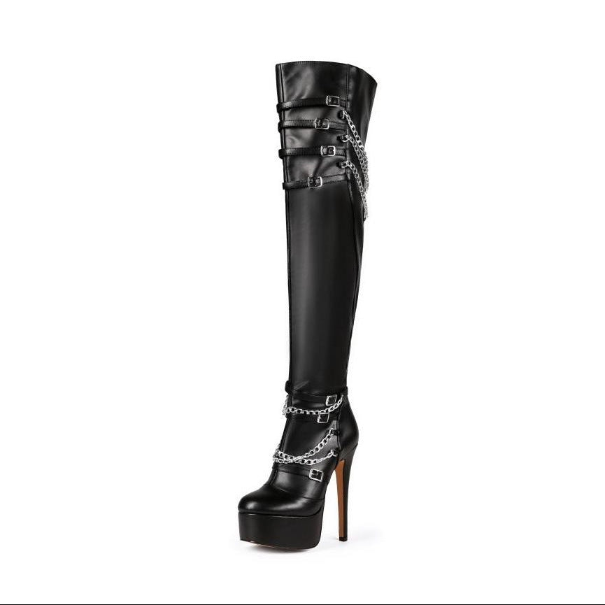 Femme Over-the-Knee Højglans Plattform Stiletto Støvler med Kædedetalje Stilla