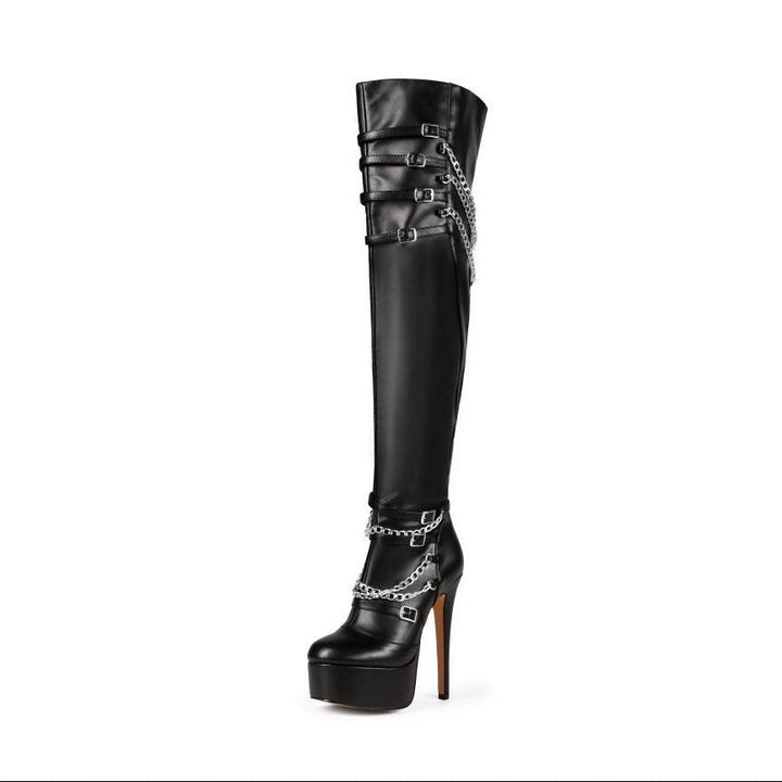 Femme Over-the-Knee Højglans Plattform Stiletto Støvler med Kædedetalje Stilla