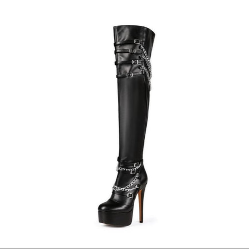 Femme Over-the-Knee Højglans Plattform Stiletto Støvler med Kædedetalje Stilla