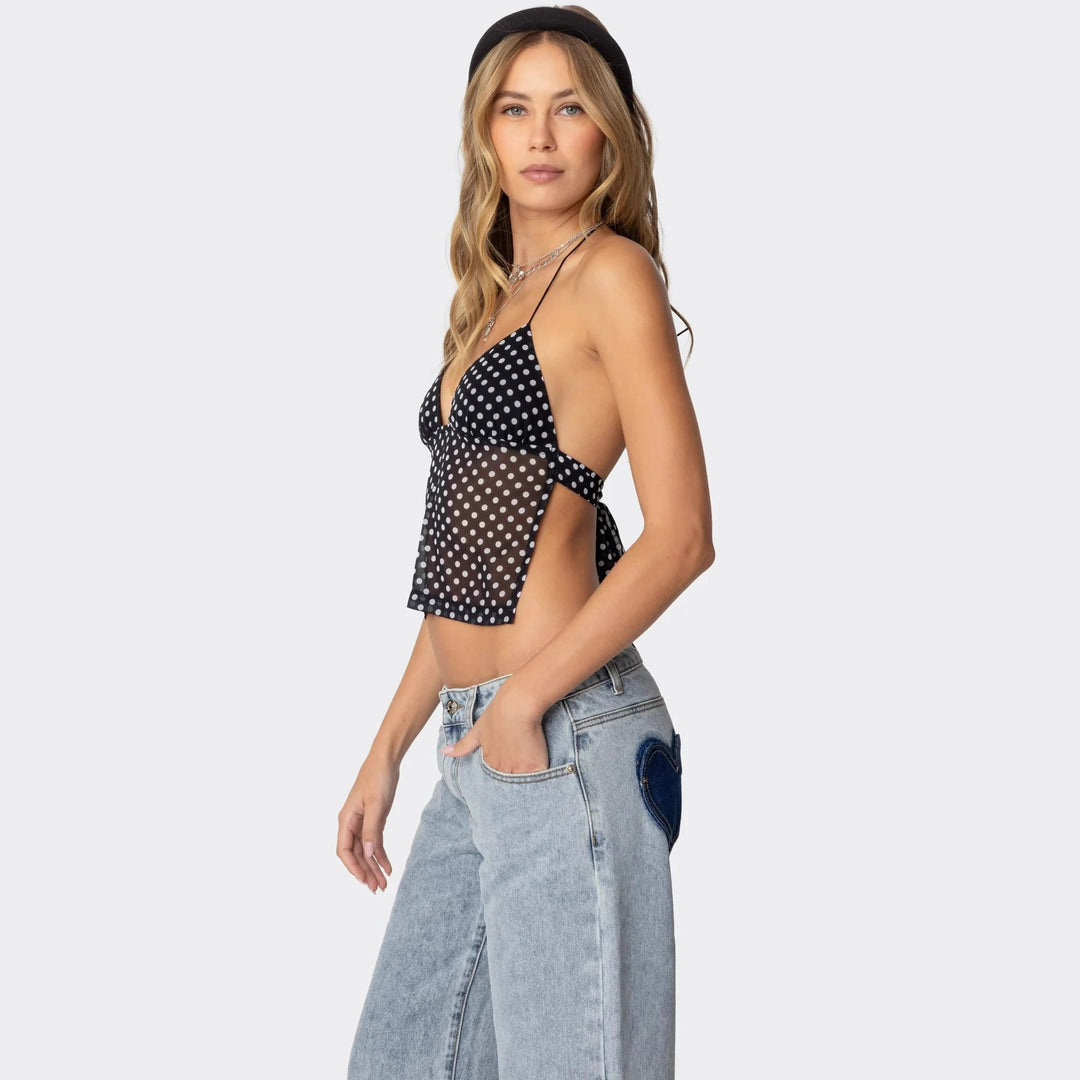 Dame polka dot top med sarte stropper og figursyet snit Skovae
