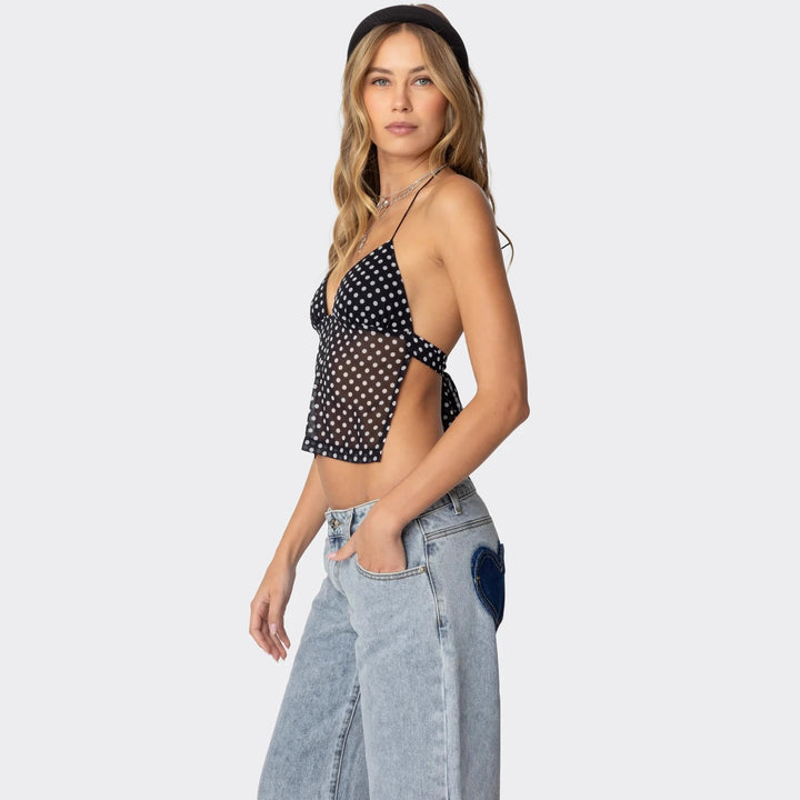 Dame polka dot top med sarte stropper og figursyet snit Skovae