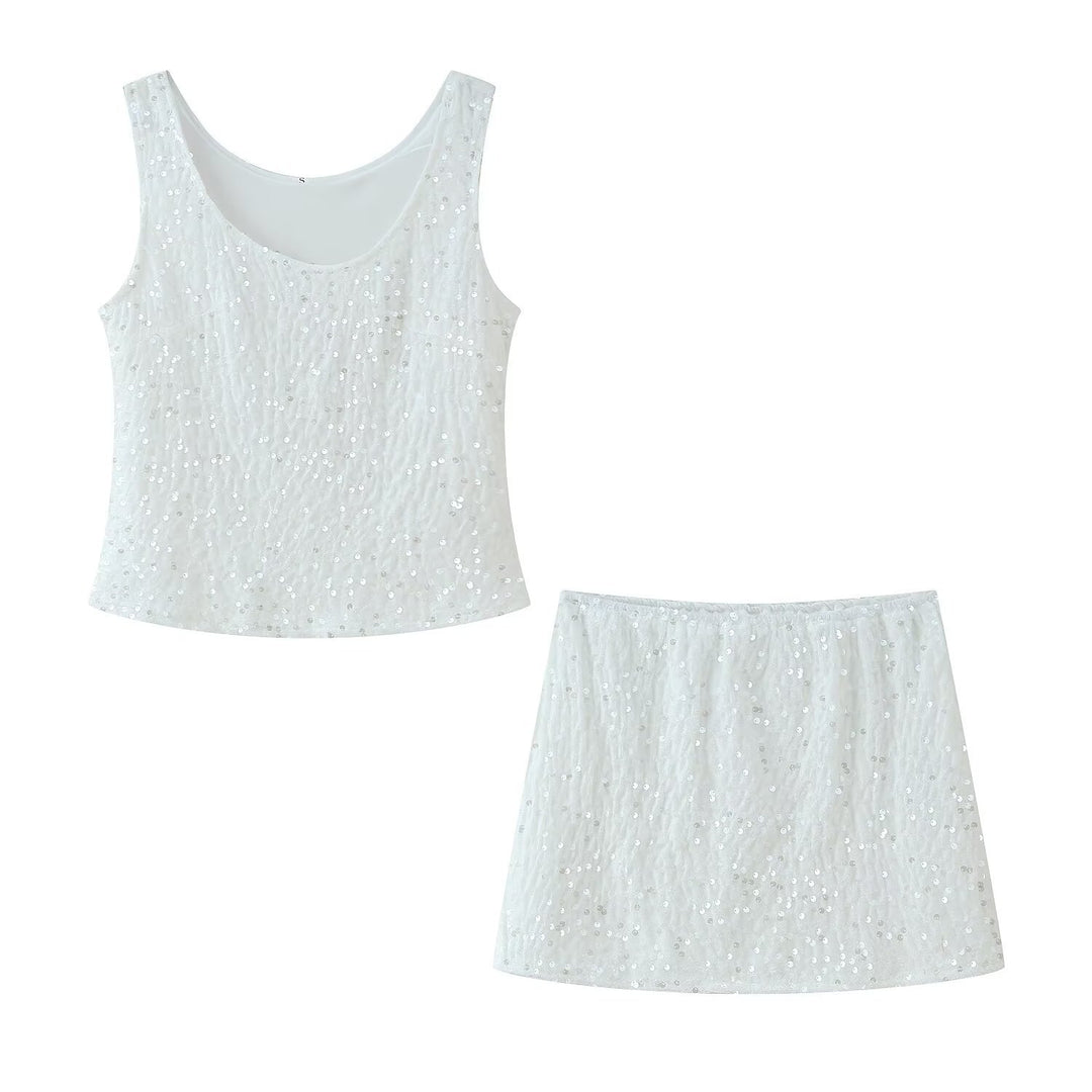 Femme Udsmykket Tekstureret Tanktop og Mini Nederdel Sæt Stilla