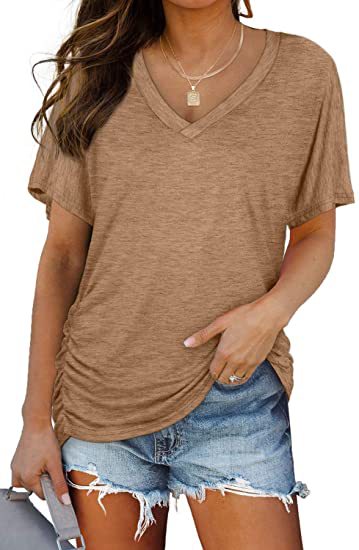 Dame afslappet V-hals T-shirt med rynker Stilla