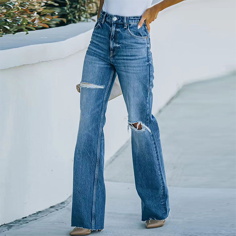 Dame Bred High-Waist Jeans med moderne Distressed-detaljer og sidelukning Stilla