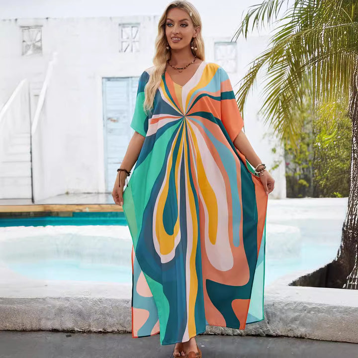 Dame kaftan-kjole med farverigt spiral-design og V-udskæring Stilla