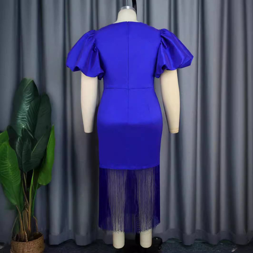 Dame Glamourøst Aftenkjole med voluminøse Pufærmer og Frynse Kant Skovae