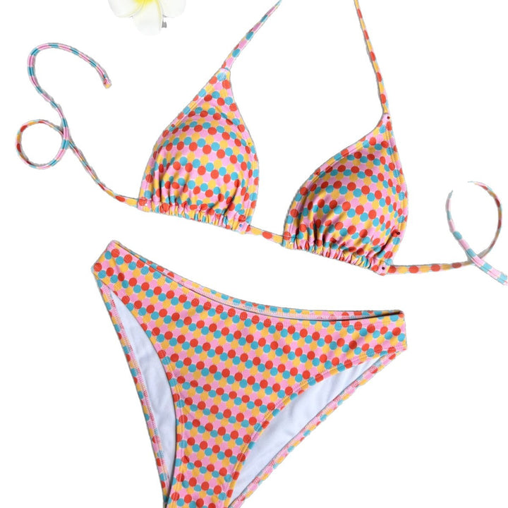 Dame triangel-bikini med farverigt punktedesign og justerbare bånd Skovae