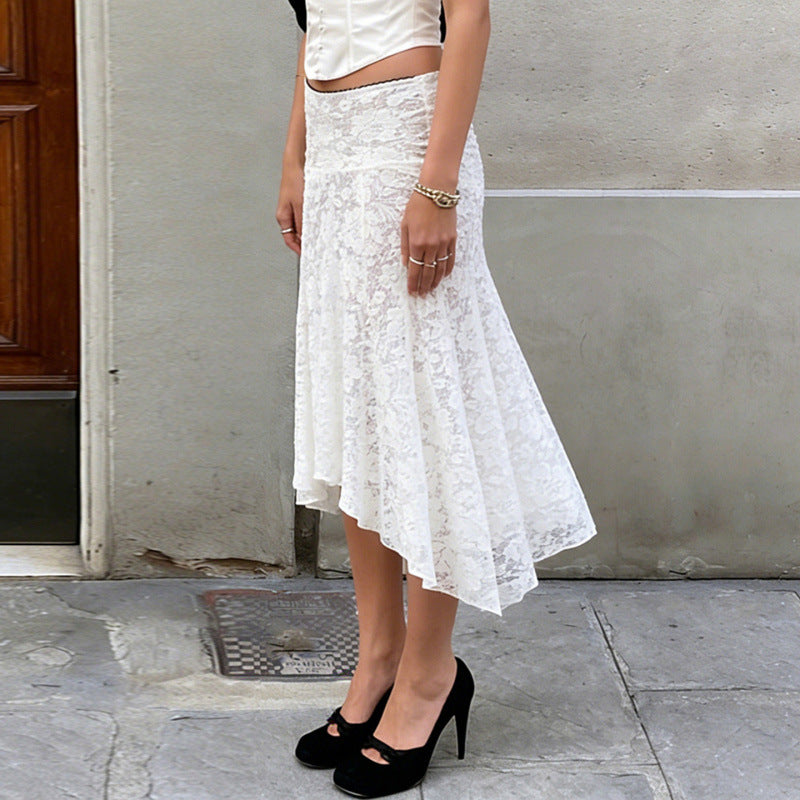 Damen Spitzenrock mit asymmetrischem Schnitt und floralen Details Skovae