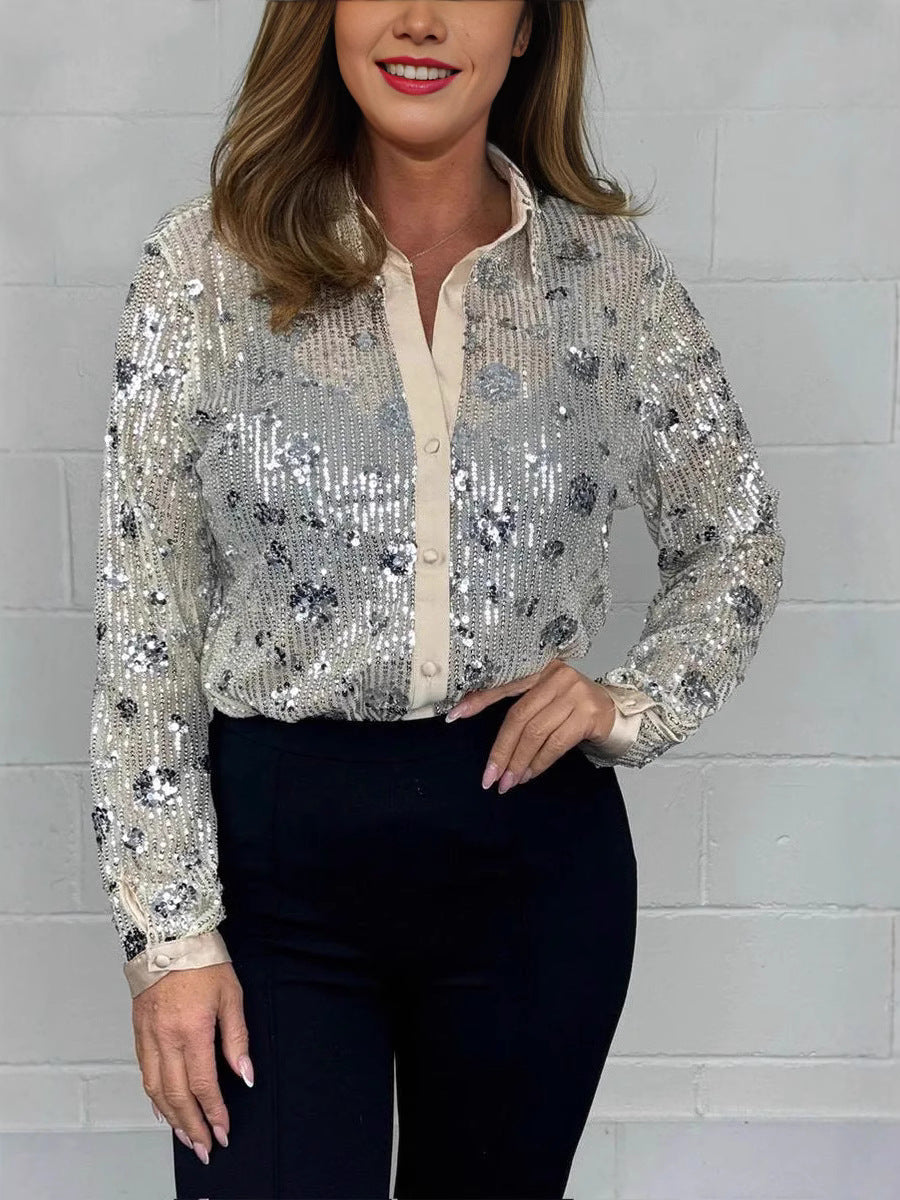 Dame fritidsbluse med glitrende paljetter og gennemsigtige materialer Stilla