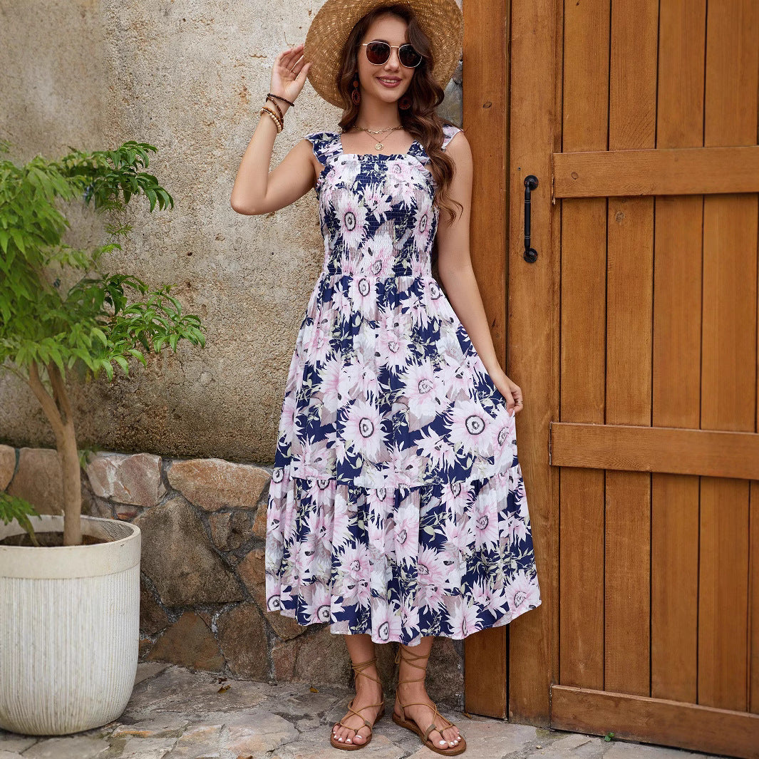 Femme Smocked Floral Maxi Kjole med Rüschen-stropper Stilla