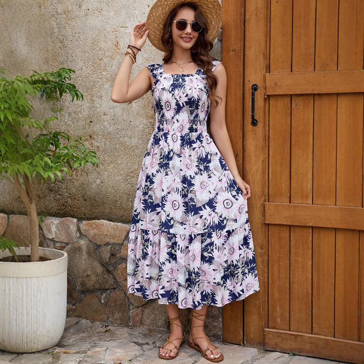 Femme Smocked Floral Maxi Kjole med Rüschen-stropper Stilla