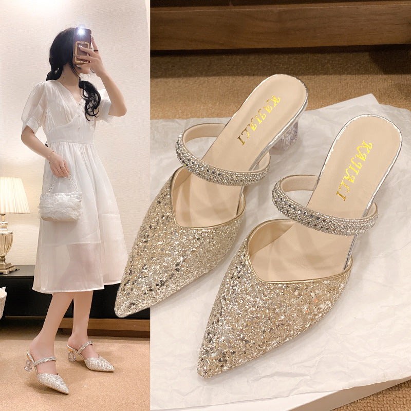 Dame Strass-prydede Åbne Tå High Heels Mules Stilla