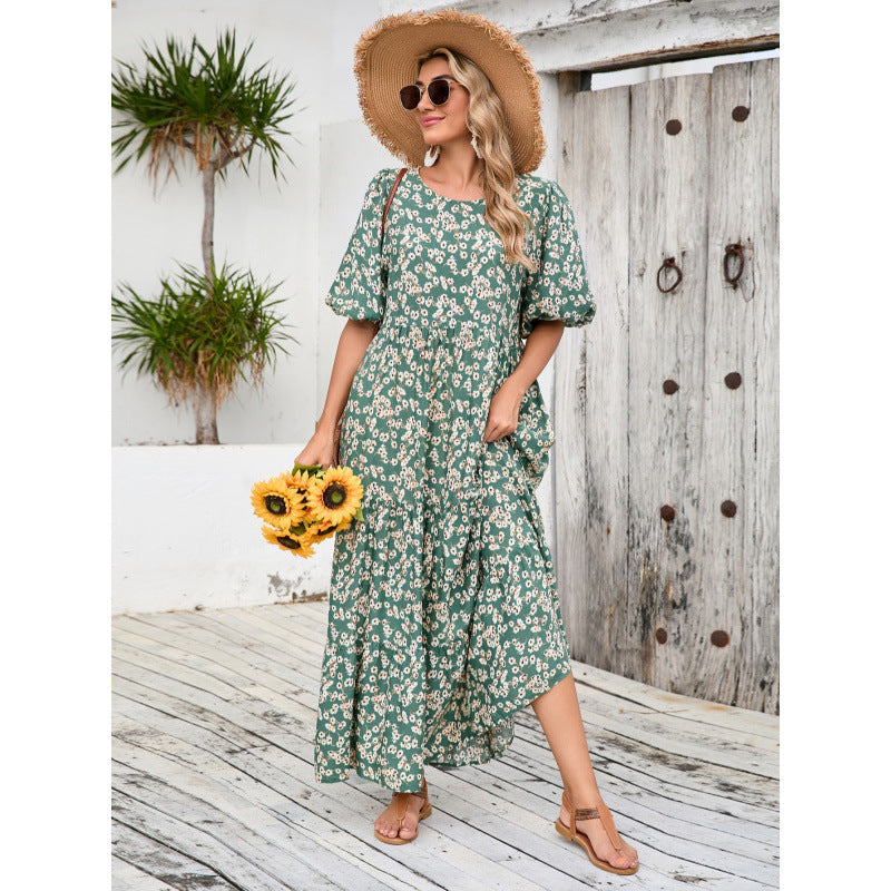 Dame Floral Maxi Kjole med Puffærmer og Lagdelt Skørt Stilla