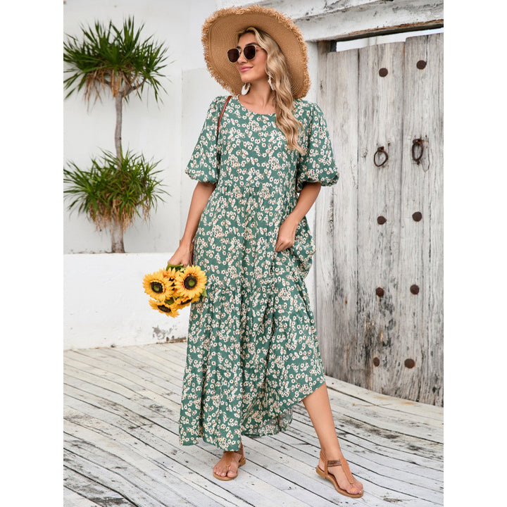 Dame Floral Maxi Kjole med Puffærmer og Lagdelt Skørt Stilla
