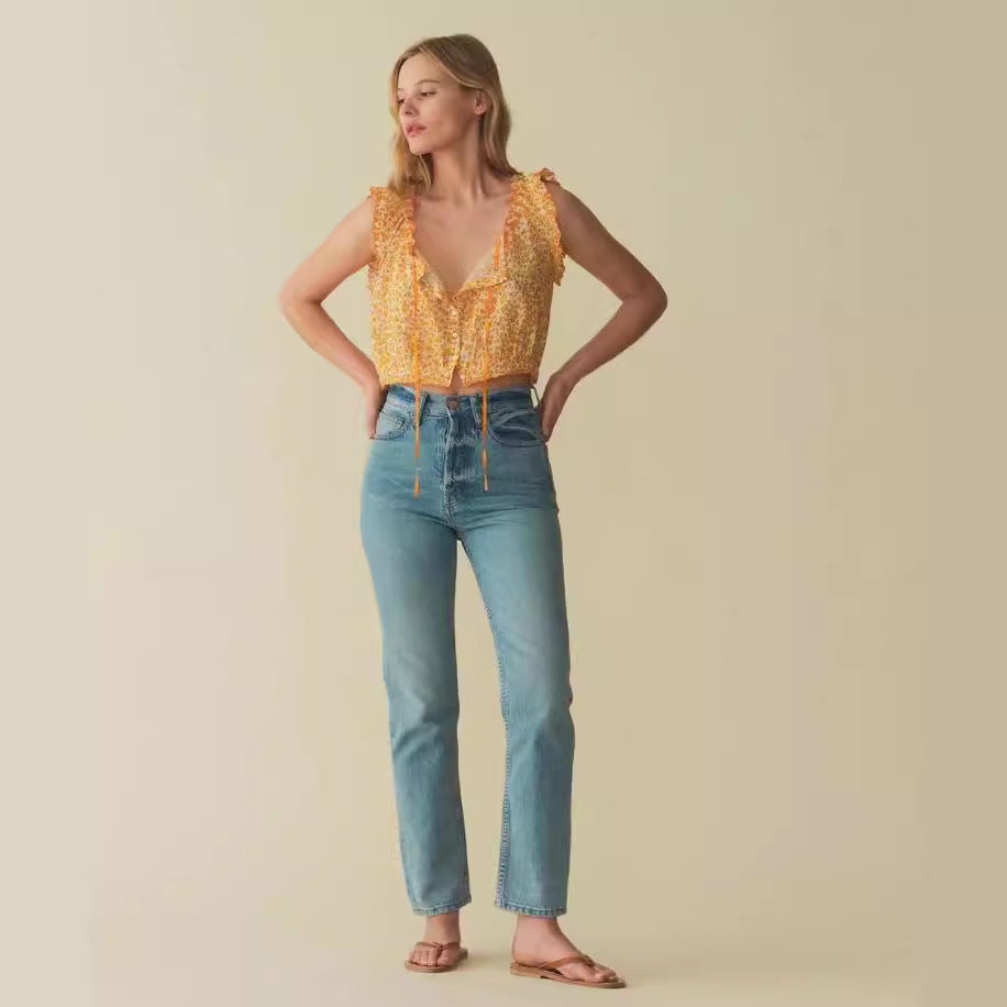 Dame Crop-Top med legesyge flæsedetaljer og blomstret design Stilla
