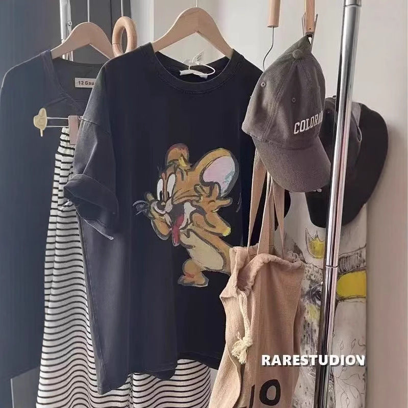 Dame T-Shirt med kreativt Jerry-motiv og afslappet pasform Stilla