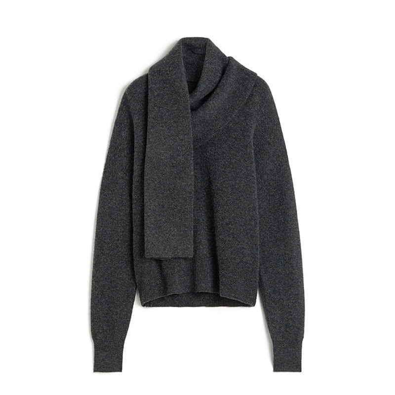 Dame elegant strikpullover med smart krave og integreret tørklæde Stilla