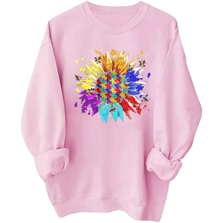 Kvindernes sweatshirt med kreativ puslespilsblomst design og en behagelig pasform Stilla