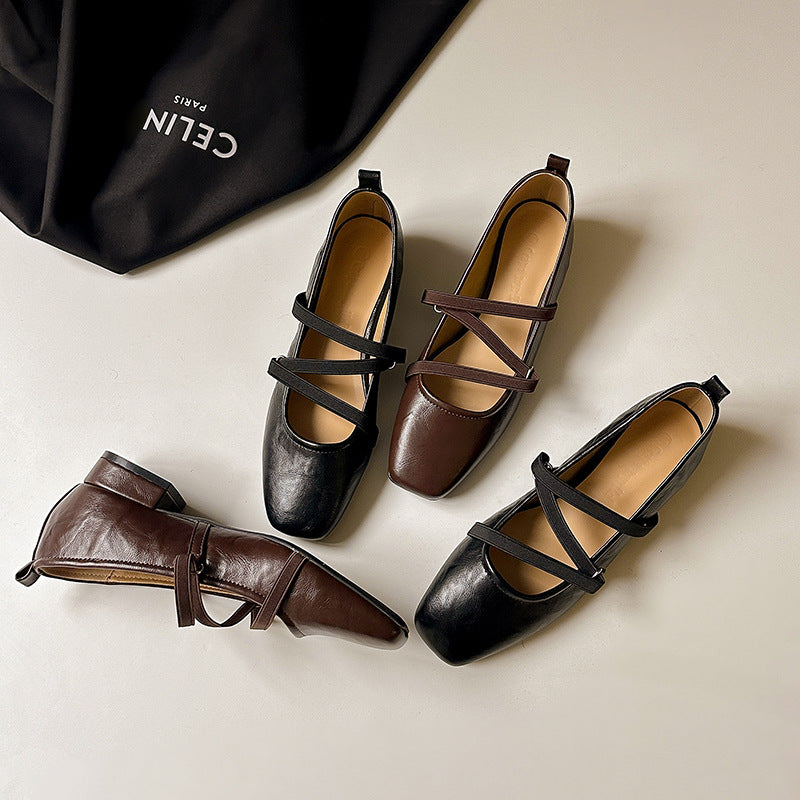 Dame Strappy Quadratæer Ballerina Flats med justerbare anklerem Stilla