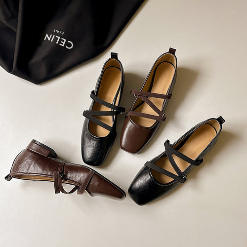 Dame Strappy Quadratæer Ballerina Flats med justerbare anklerem Stilla