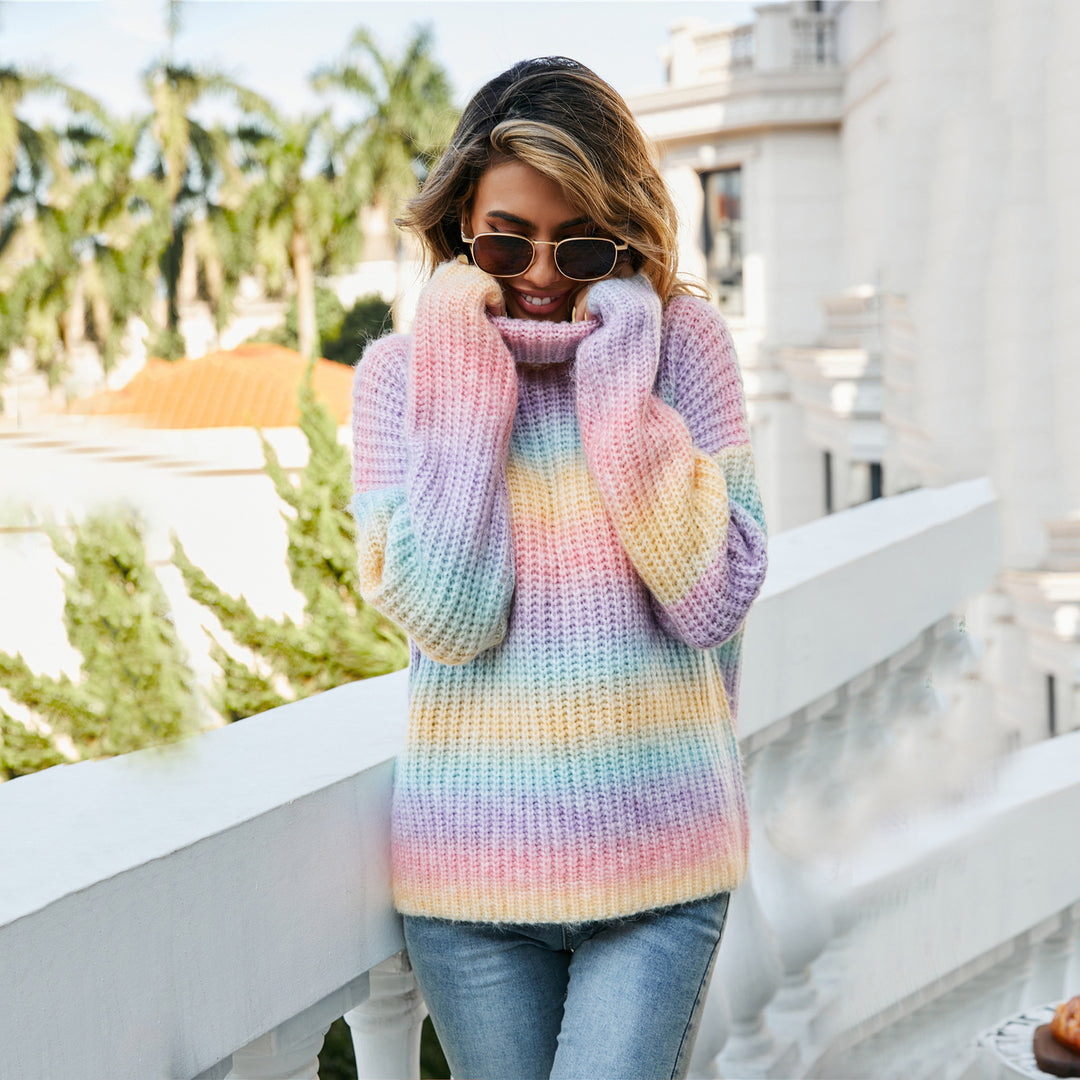 Damer trendy sweater med bred turtleneck og et farverigt bølgemønster Stilla