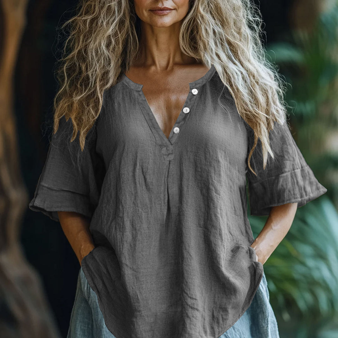 Kvinder Let Linned Knap-Bluse Stilla