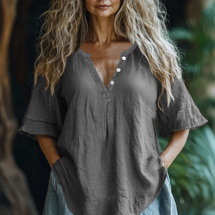Kvinder Let Linned Knap-Bluse Stilla
