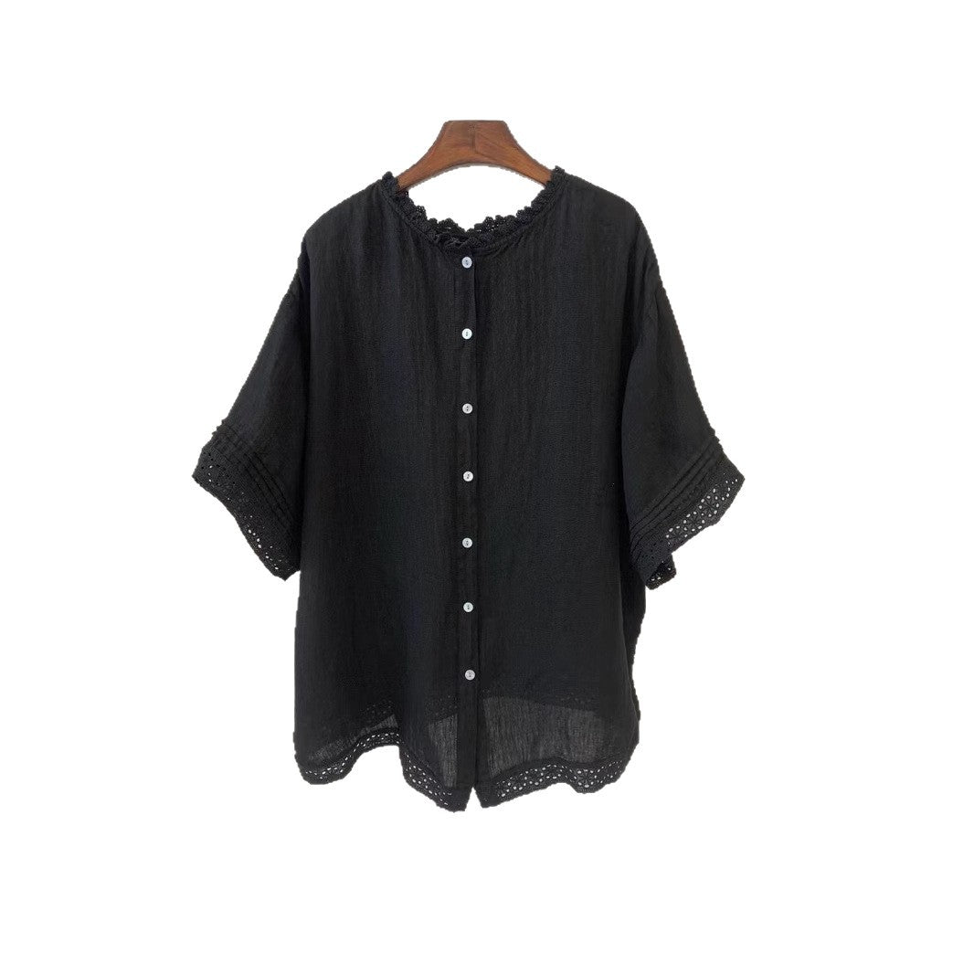 Femme Textured Kortærmet Bluse med Spidsekant Stilla