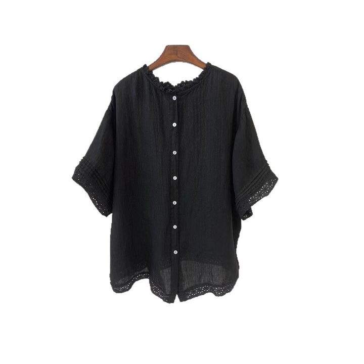 Femme Textured Kortærmet Bluse med Spidsekant Stilla