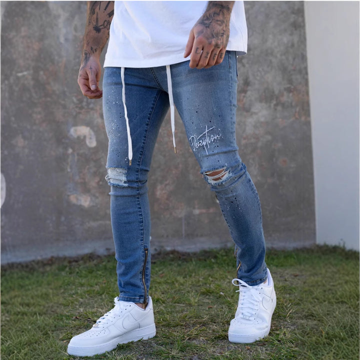 Herrer Ripped Jeans med modiske applikationer og sidelæns lynlåse Stilla