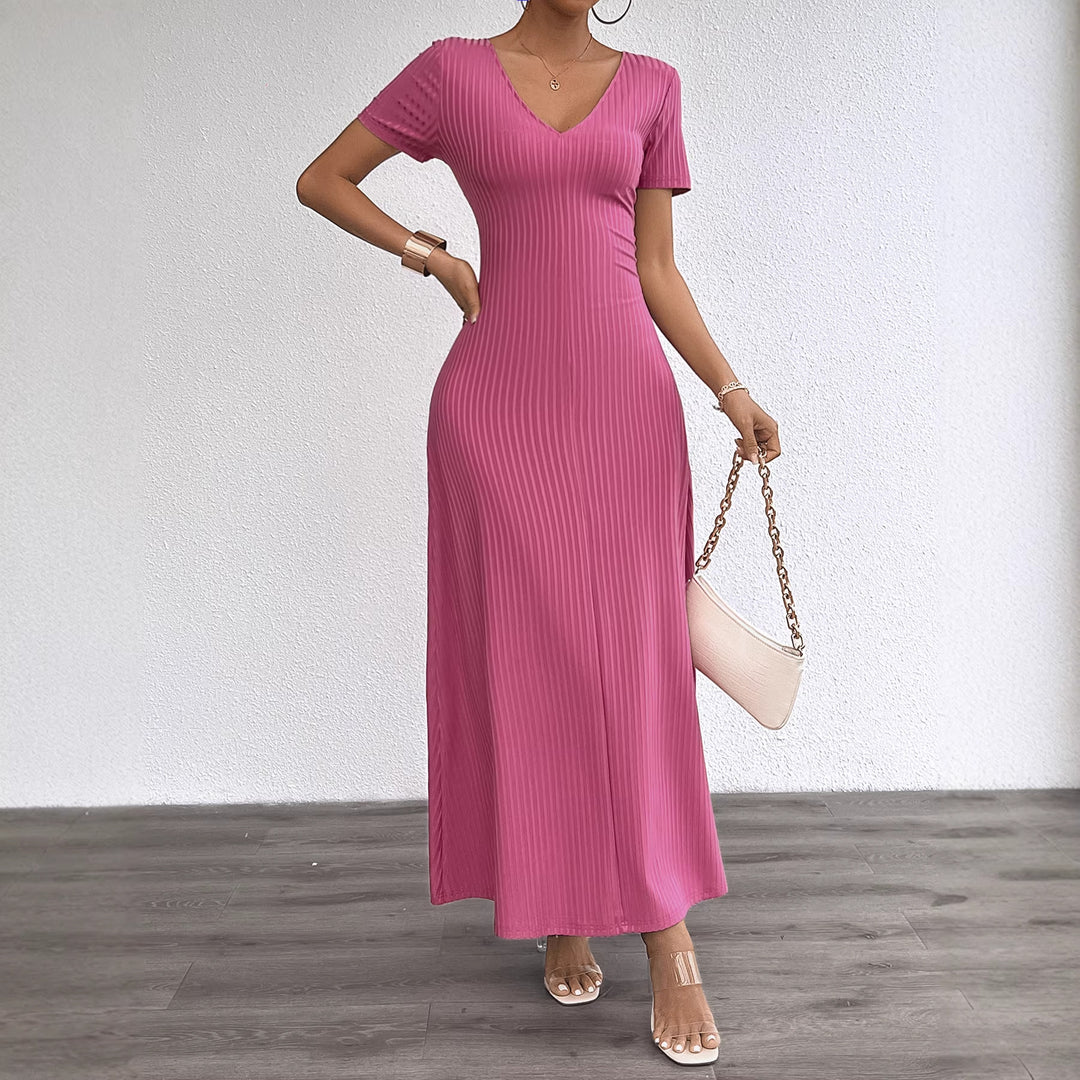 Kvindernes long sleeve maxi kjole med elegant V-hals og ribbet tekstur Stilla