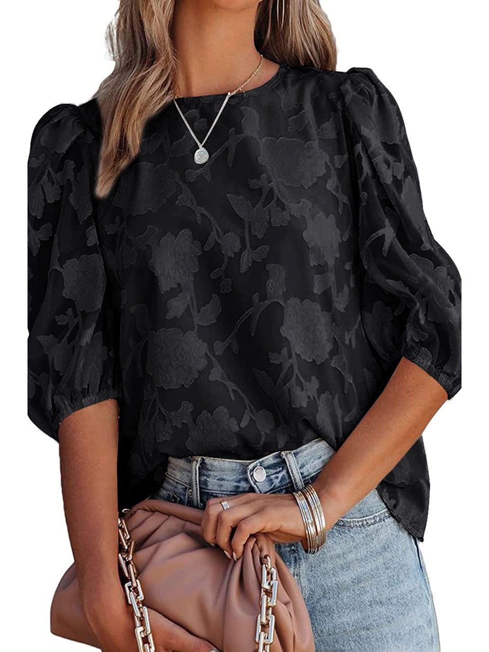 Damer Elegant Bluse med Puffærmer og floral Jacquard Stilla