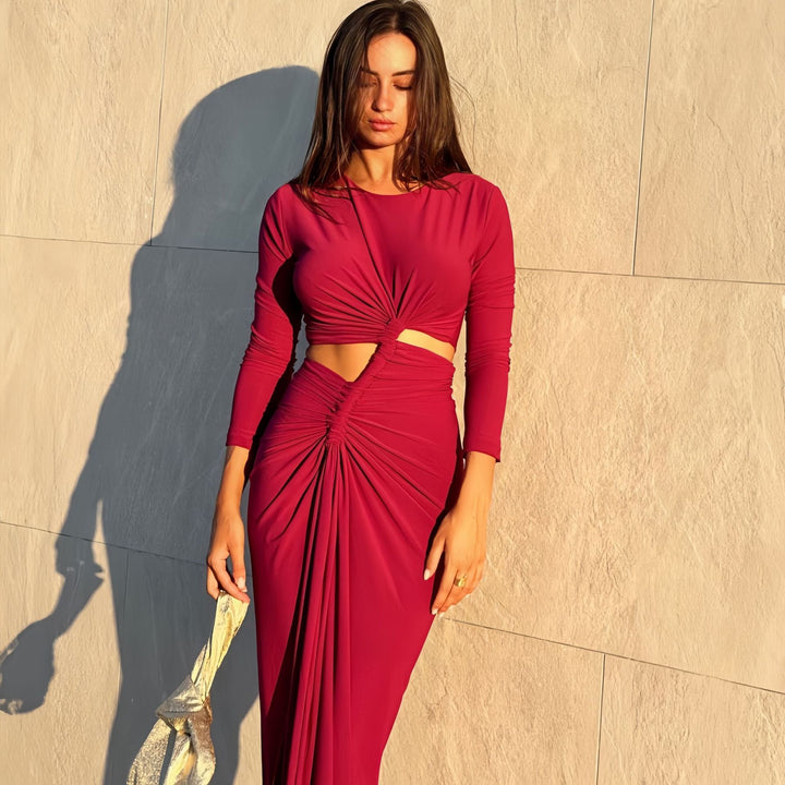 Dame elegant Cut-Out maxikjole med rynket design og asymmetrisk slids Stilla