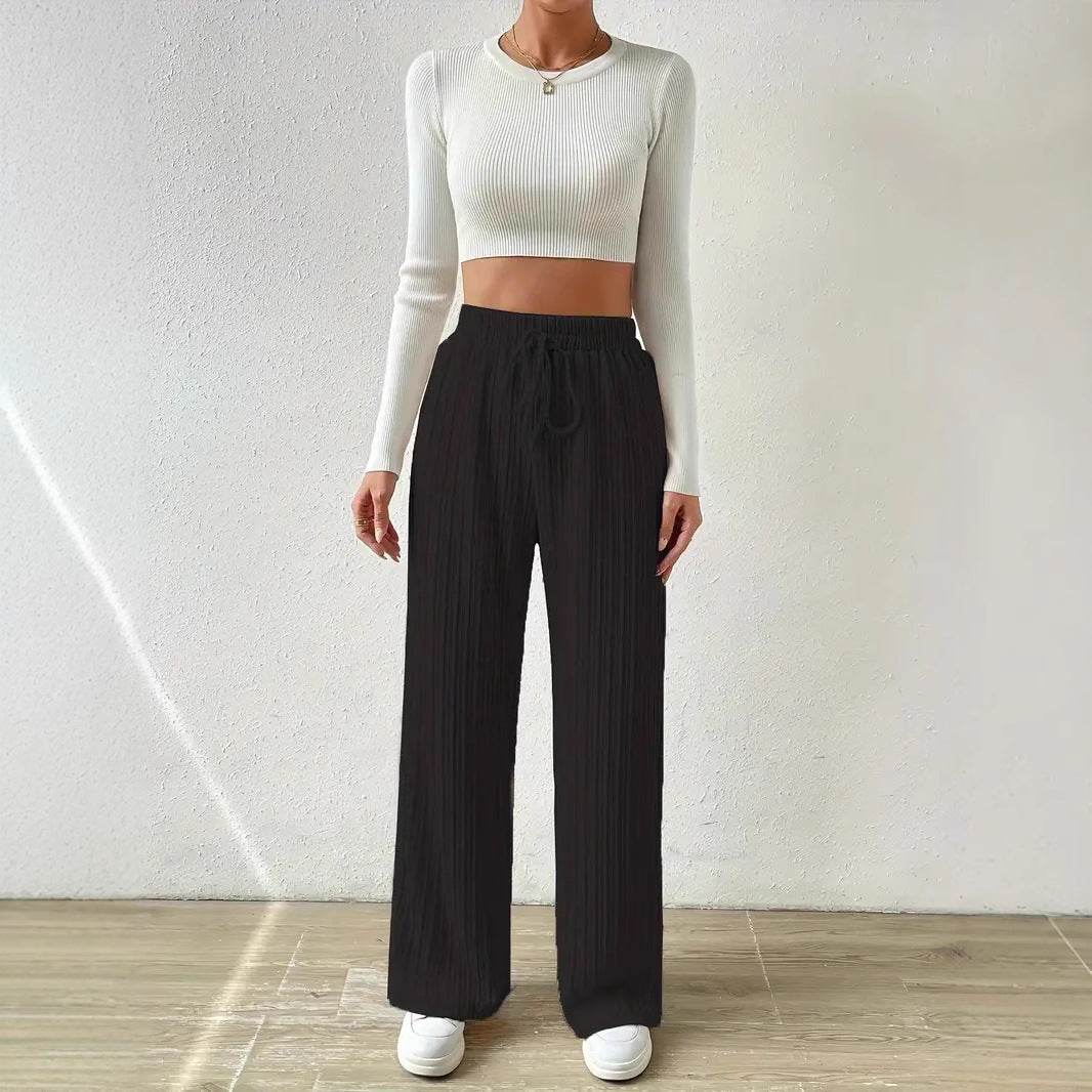 Dame hyggelige strikkepalazzo-bukser i elegant ribdesignet med elastisk talje Stilla