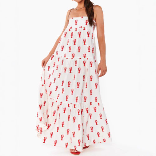 Dame uden stropper trappe maxikjole med bandeau-top løs A-linie og maritim hummer-print Skovae