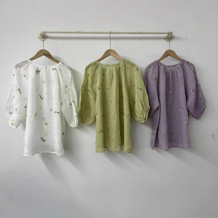 Dame Bestickt Oversize Knapbluse Stilla