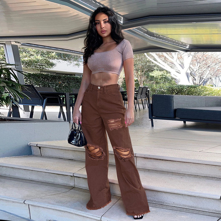 Dame brede high-waist jeans med fashionable revnedetaljer og cool snit Stilla