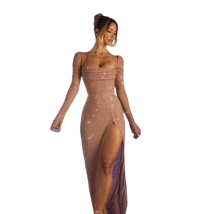 Damer Glamour maxi kjole med glansfulde detaljer og side split Skovae