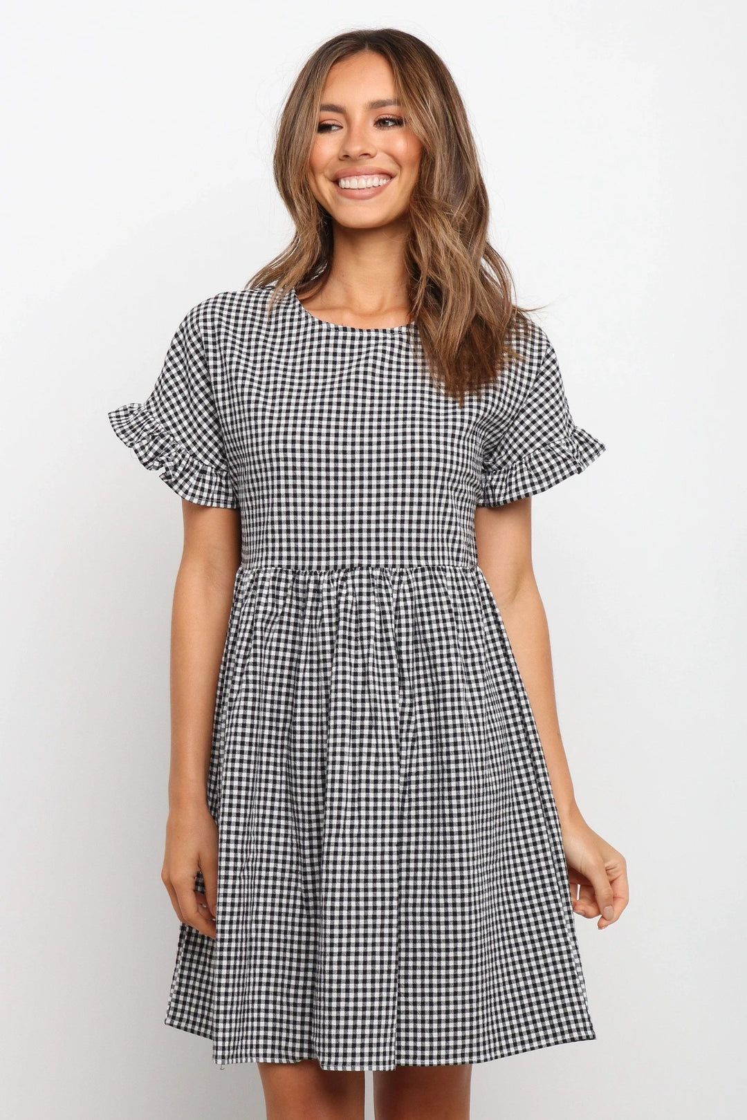 Femme Gingham Babydoll kjole med flæsekanter Stilla