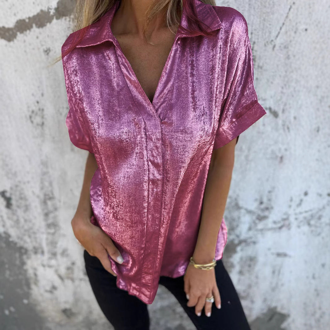 Dame Glinsende Satin Kortærmet Bluse Stilla
