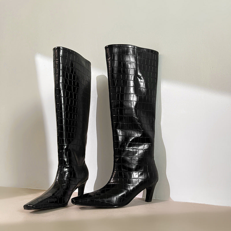Femme Krokodil-Prægning High-Heel knæhøje støvler Stilla