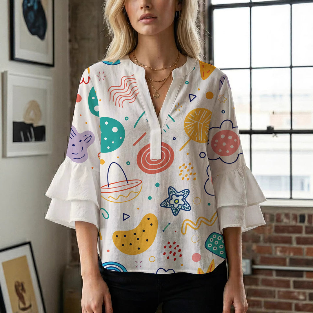 Damebluse med voluminøse flæseærmer og blomstermønster Skovae