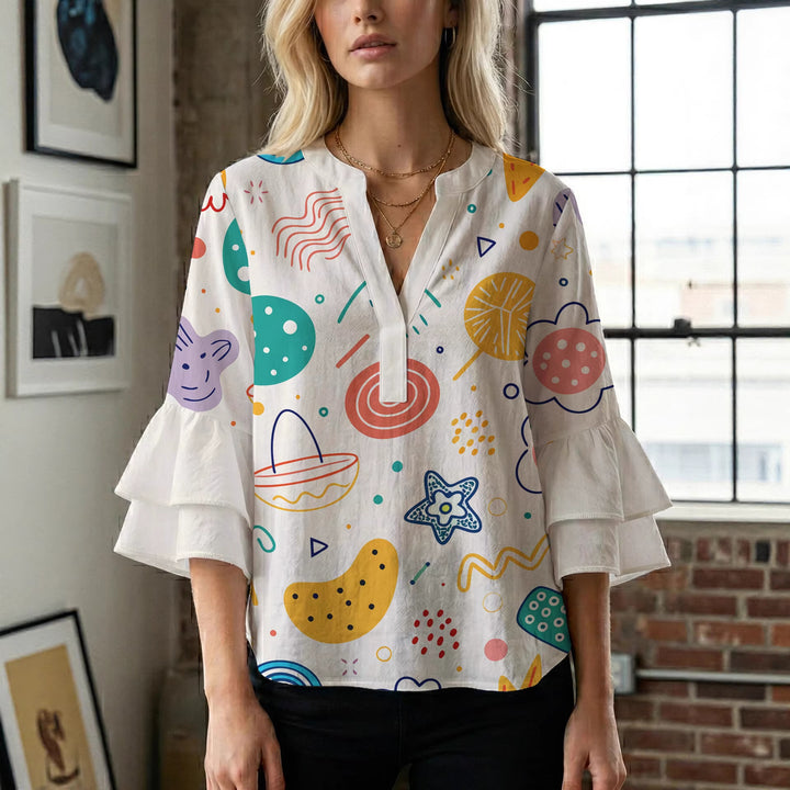 Damebluse med voluminøse flæseærmer og blomstermønster Skovae