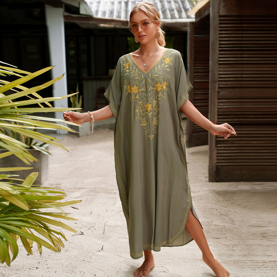 Dame Kaftan med kunstnerisk floral broderi og sidelæg Stilla