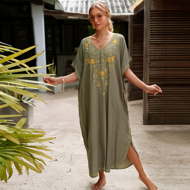 Dame Kaftan med kunstnerisk floral broderi og sidelæg Stilla