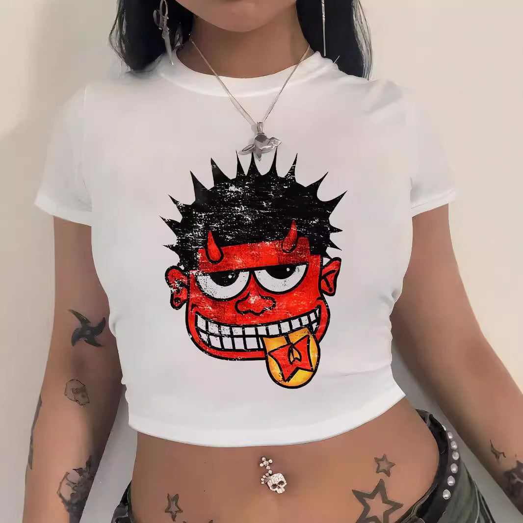 Dame Crop-T-Shirt med kreativ nostalgi-tryk og afslappet pasform Skovae