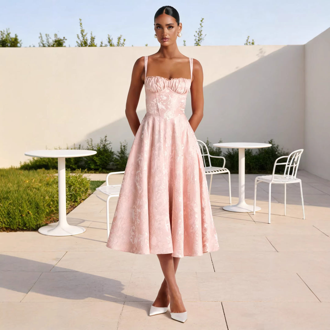 Dame midi kjoler med blomster jacquard og stilfuld bustier top Skovae
