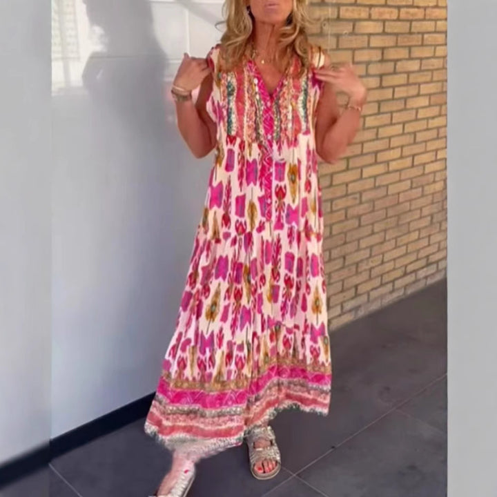 Dame Maxikjole med farverigt mønster og elegant broderi Stilla