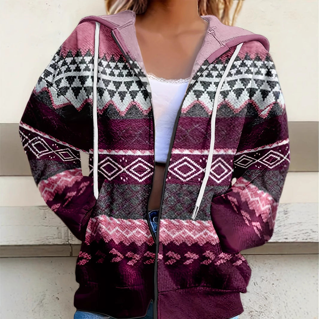 Dame Hyggelig Fleece Zip-Up Hoodie med Geometriske Mønstre Stilla